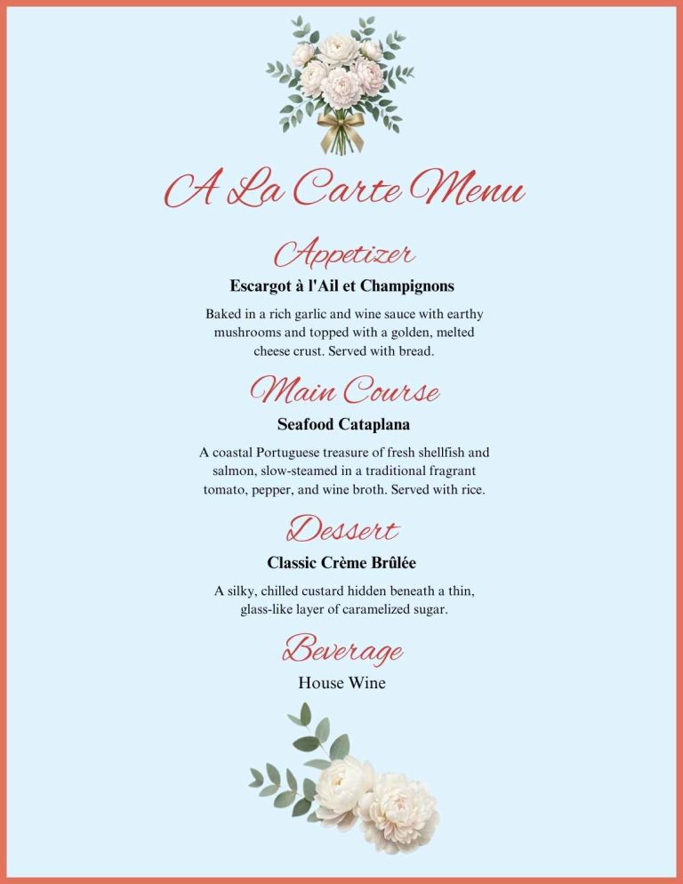 Home intimate culinary experience menu